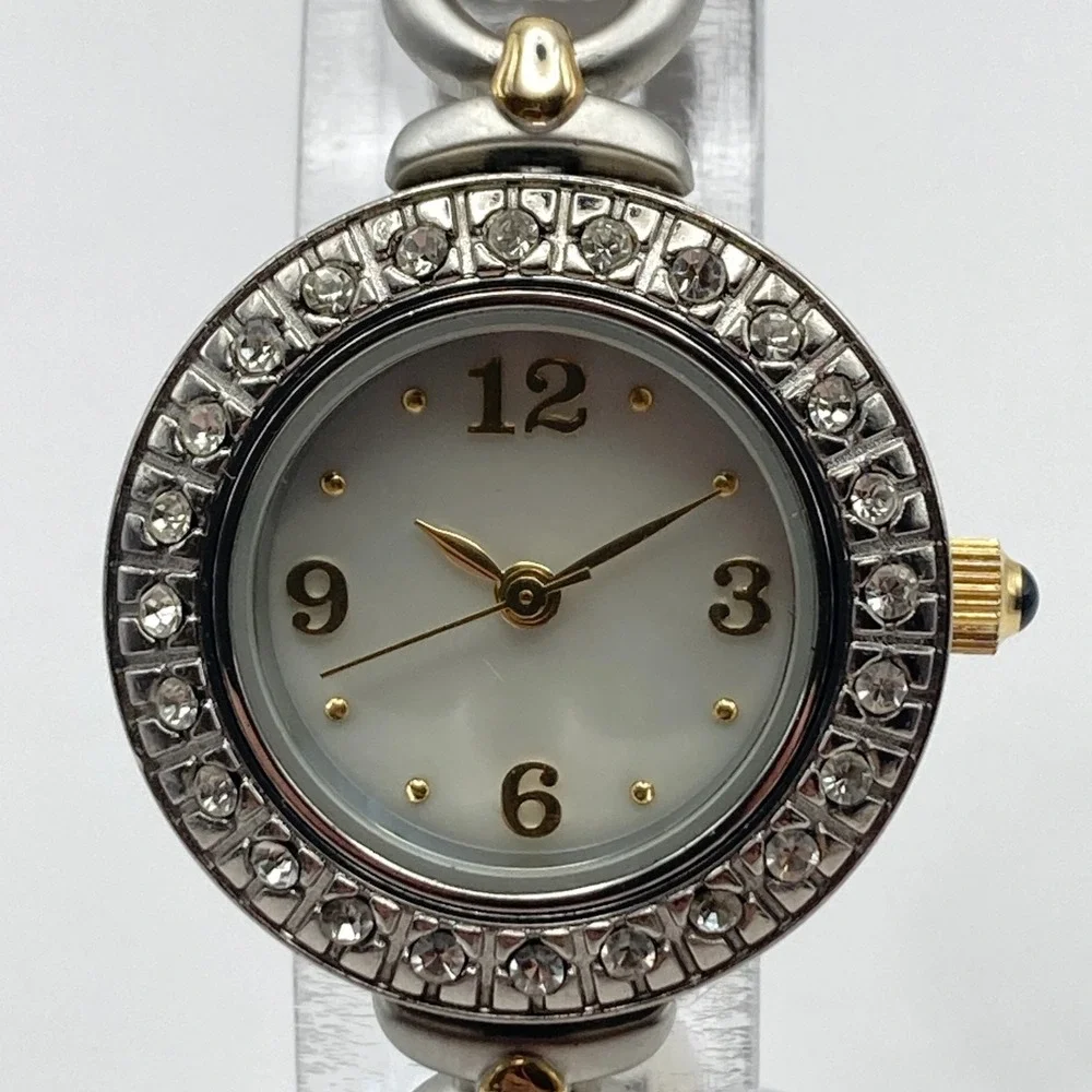 Valetta Women's Watch 25mm Matte Silver Gold Two Tone Crystals New Battery 6.5